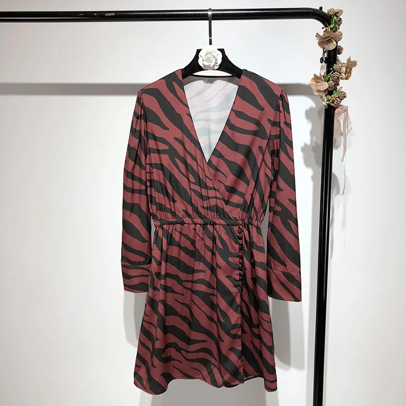 

Red Animal Print Dress Mini 2019 Spring Deep V Neck Women Print Dresses Long Sleeve Vintage Chiffon Sexy Part Mini Dress