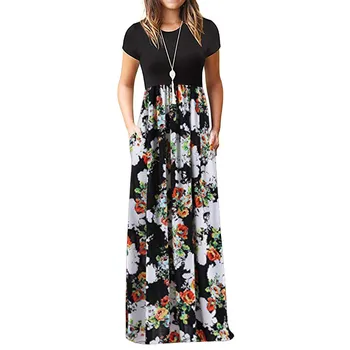 

Bohemian Women's Dress Summer Round Neck Short Sleeve Printed Maxi Dress Tank Long Dress Polyester & Ground Y523