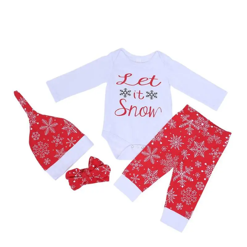 

4pcs Christmas Long Sleeve Printed Romper + Snowflake Pants +Hat + Headband