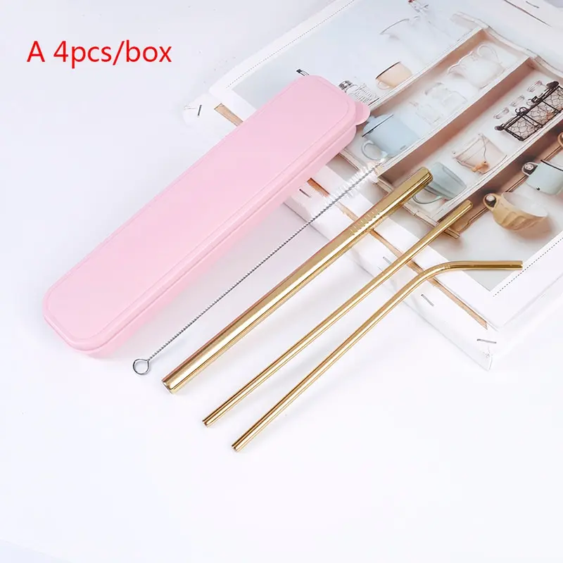 For Mugs Box Packing Metal Stainless Steel Drinking Straw Bend Indent / Straight Straws+ Cleaner Brush