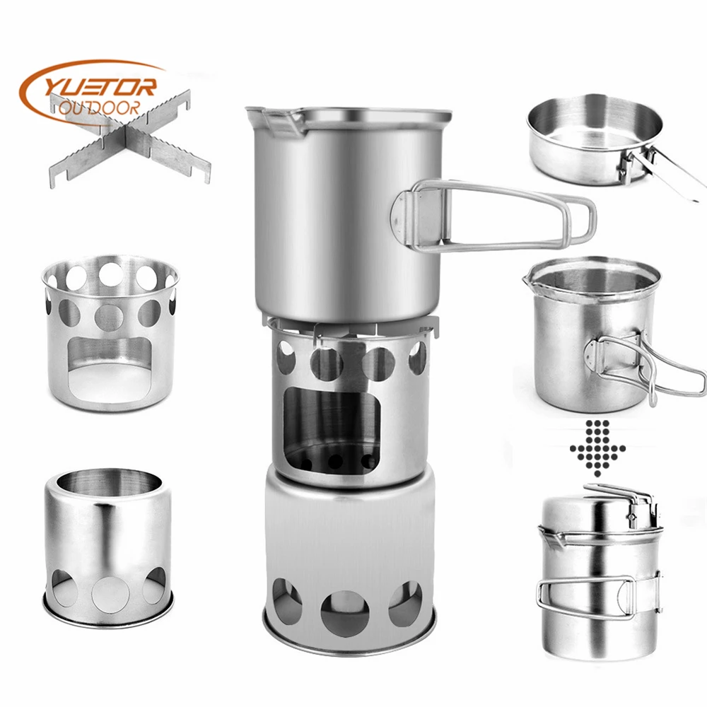 

YUETOR Outdoor Camping Wood Stove Cooking Pot Set Stainless Steel Tableware Folding Cookware for Backpacking Fishing