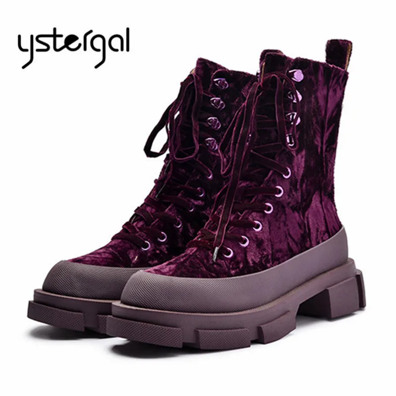

Ystergal Purple Velvet Women Ankle Boots Thick Heel Riding Boots Lace Up Platform Creepers Autumn Botas Rubber Shoes High Tops
