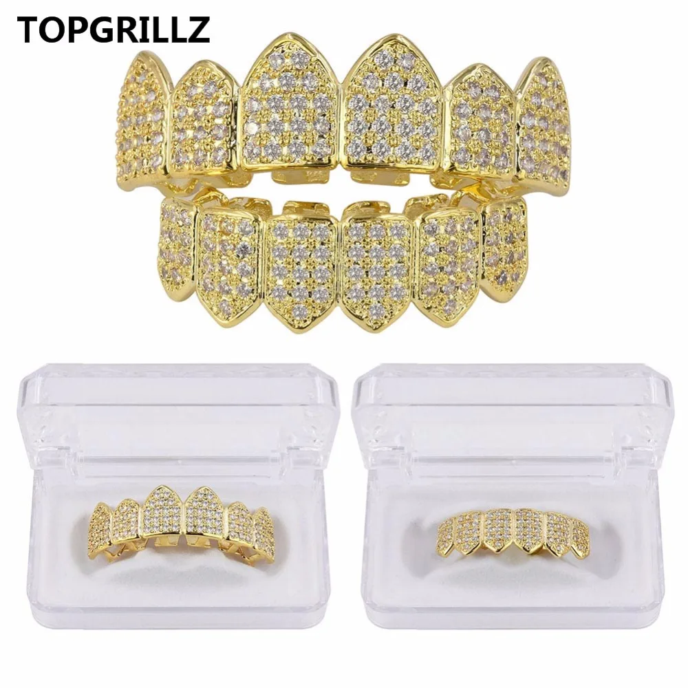  TOPGRILLZ Gold Color Plated Hip Hop Grillz High Quality Micro Pave CZ Top & Bottom GRILLZ Mouth Tee