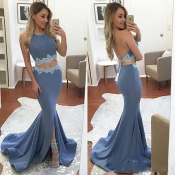 

Fashion Sexy Two Piece Set Mermaid Prom Gown Stain Halter Tops Backless Floor Length Robe De Bal Longue Wedding Party Dress
