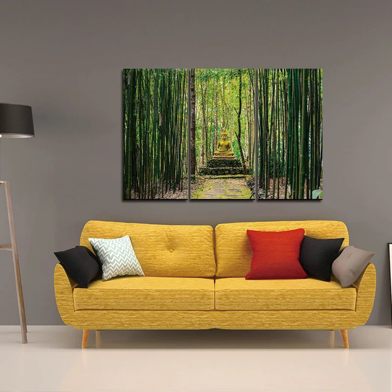 Modern Canvas Painting Wall Art Pictures 3 Panels Framed Artwork Paintings Buddha Green Bamboo