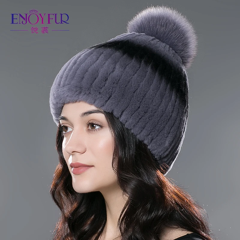 Женская вязаная шапка с помпоном ENJOYFUR зимняя из лисьего меха|fur zebra|fur hat menfur patterns |
