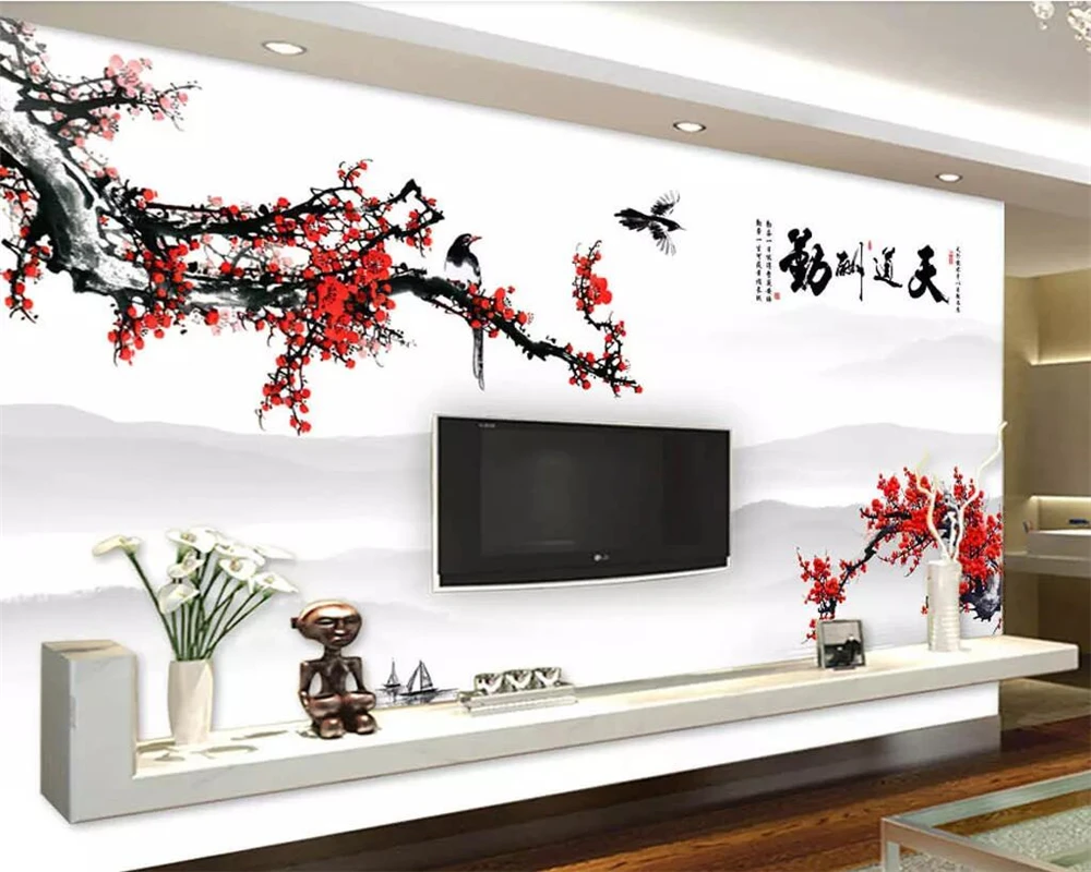 

Chinese mural wallpaper hand-painted plum landscape TV background wall paper home decoration 3d wallpaper background