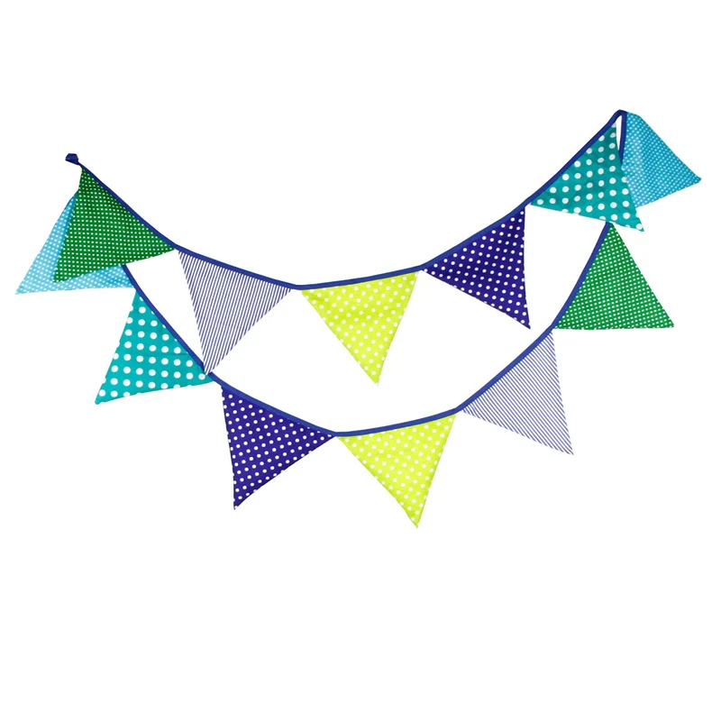 

12 Flags 3.2m Green Blue Birthday Cotton Cloth Bunting Banners Pennant Baby Shower Wedding Garland Flags for Party Decoration