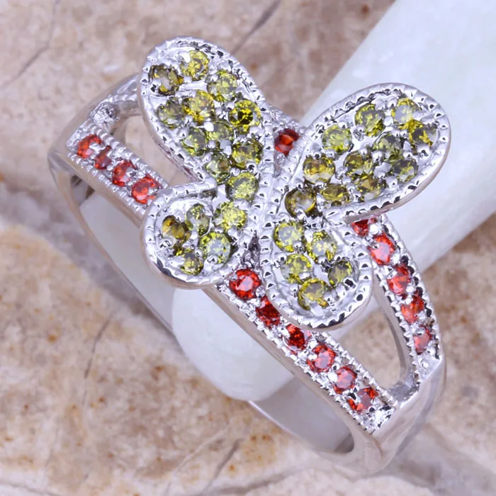Glamorous Green Peridot Red Garnet Silver Plated Fashion Butterfly Ring Size 6 / 7 / 8 / 9 E045 photo
