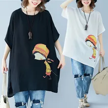 Большие размеры 5XL новые летние женские модные Kawaii топы с принтом из мультфильма футболки женские большие свободные хлопковые льняные женские футболки