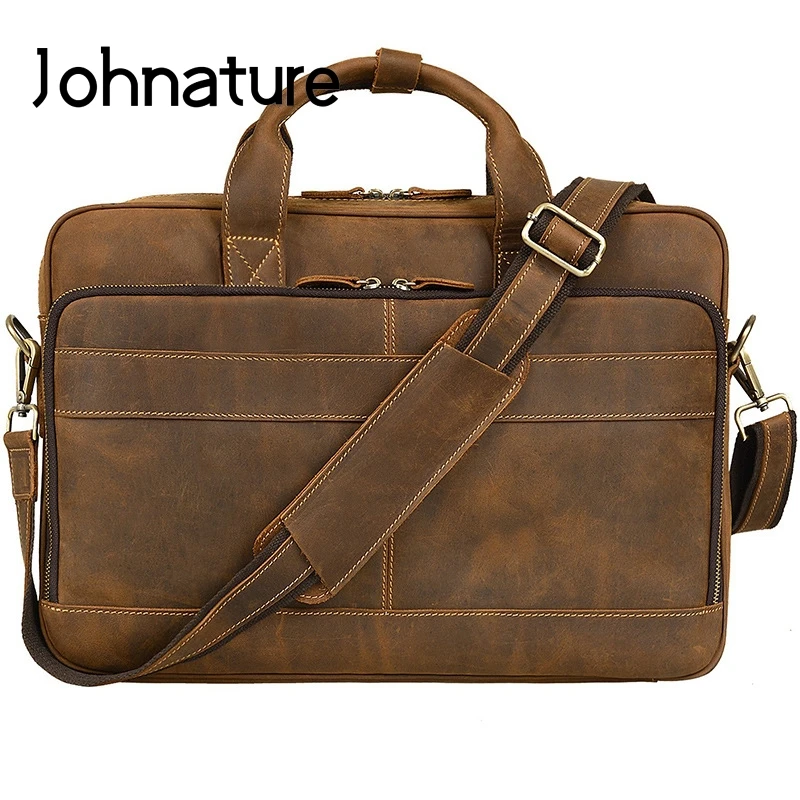 Мужской винтажный портфель Johnature кожаный Crazy Horse вместительная сумка для ноутбука