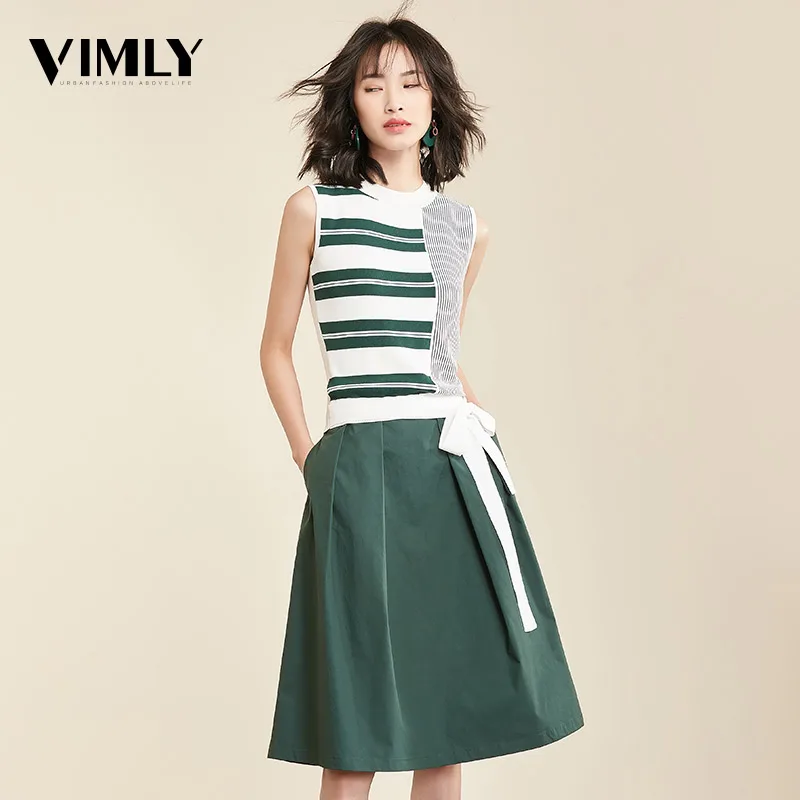 

Vimly Women Two Piece Set Knitted Tank Top Skirt Casual Striped Sleeveless Tops Elegant A Line Skirt Ladies Female Clothing