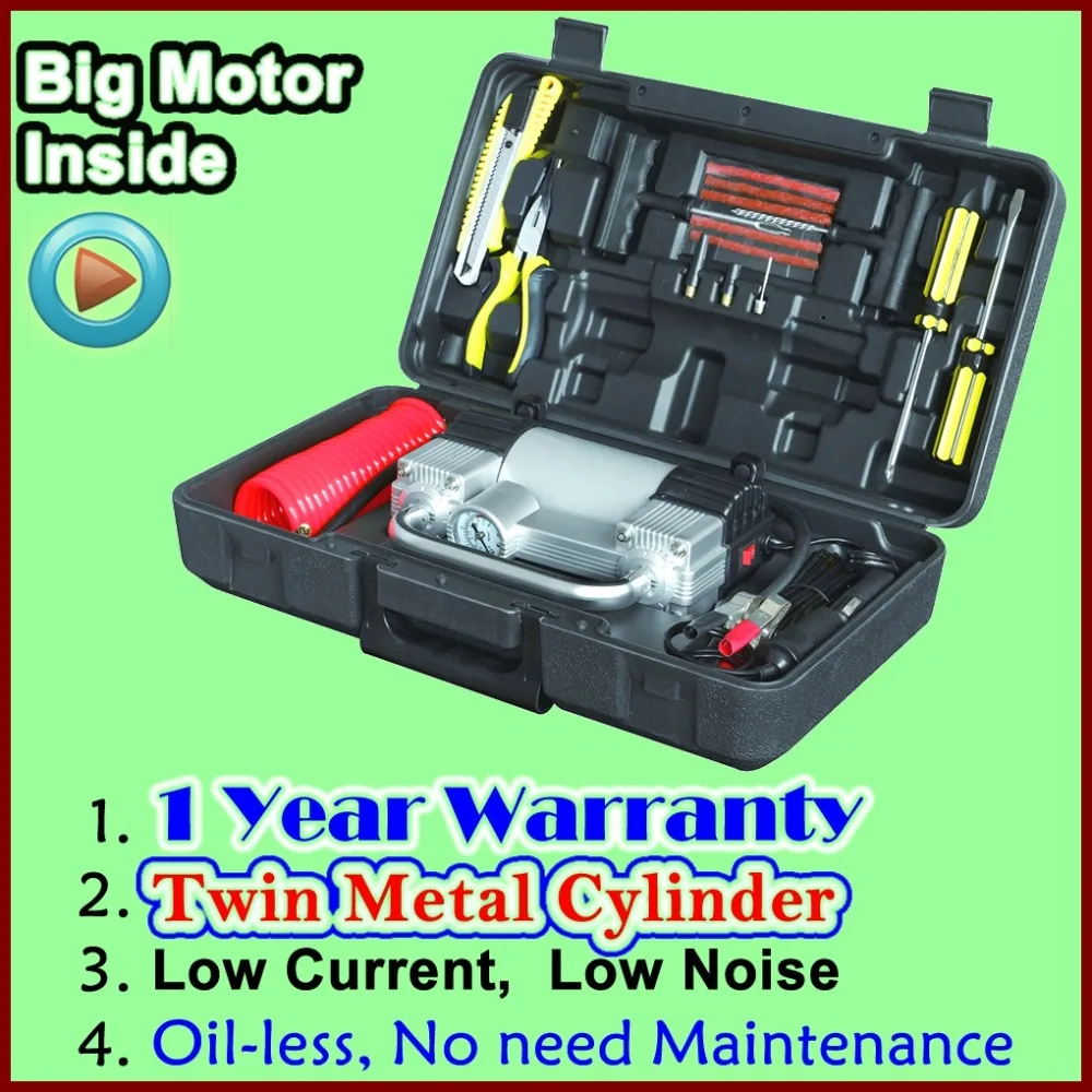 Beste Groothandel Goede Kwaliteit Opblaasbare Pomp met Band Reparatie Tool Auto Luchtcompressor 12 V met Toolbox Twin Cilinder Metalen Pomp