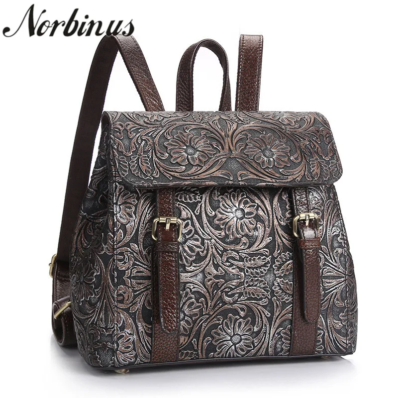 

Norbinus Women Real Cowhide Backpack Vintage Daypack School Bag for Teenager Girls Floral Design Female Genuine Leather Rucksack