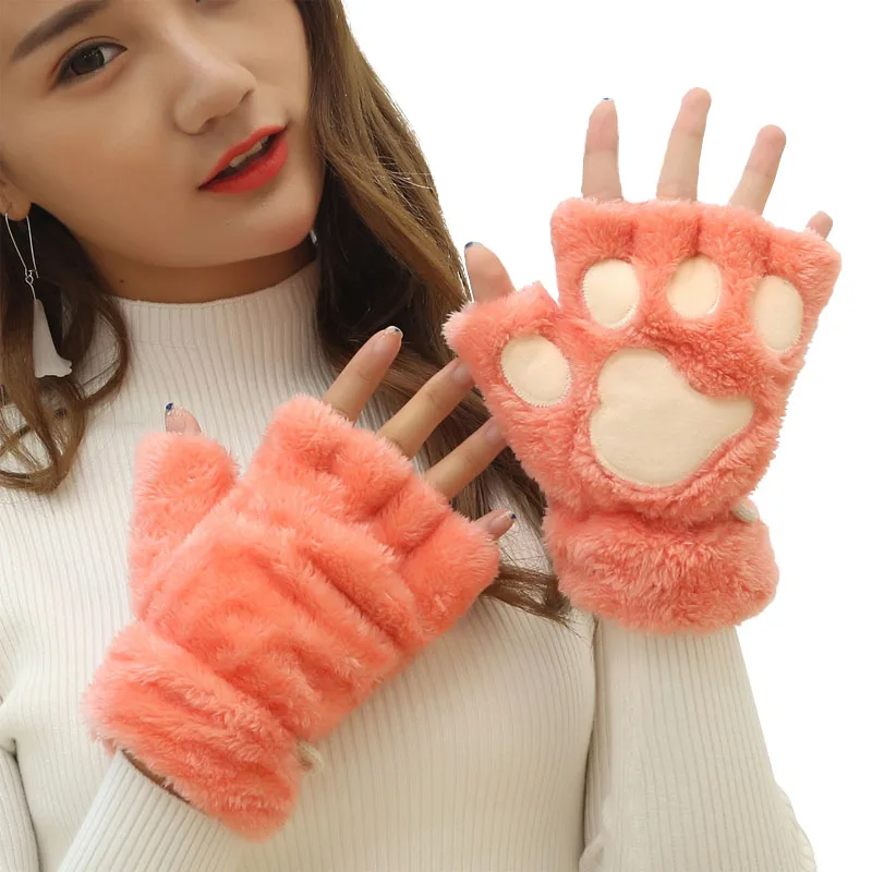 Модные зимние женские плюшевые перчатки милый медведь кошачья лапа с когтями короткие женские перчатки без пальцев - Цвет: watermelon red