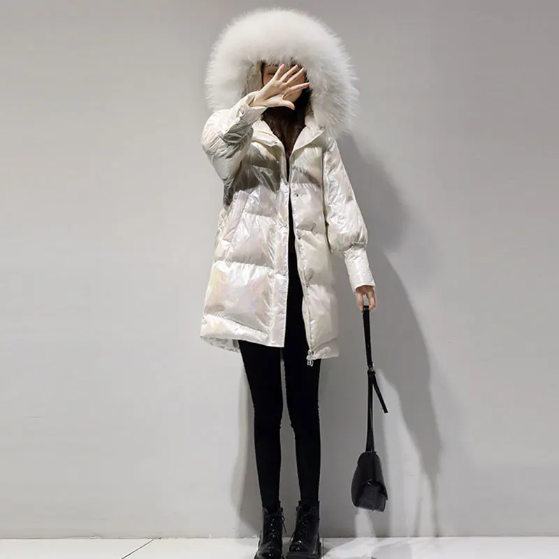 Зимняя куртка женская с большим меховым воротником Европейский цвет оболочки Глянцевая куртка женская зимняя куртка женская мода длинный пуховик 463