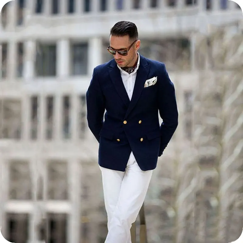 Slim Fit темно-синий мужской костюм для бизнеса белые брюки двубортный классический мужской костюм на заказ смокинги для жениха 2 шт