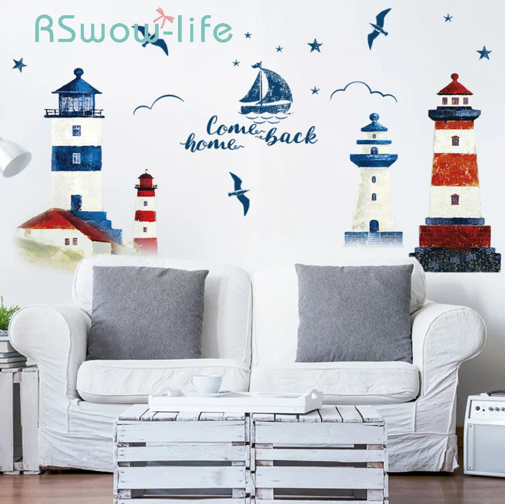 

60*90CM Room Decoration Mediterranean Lighthouse Wall Sticker PVC Background Decoration Sticker For Wall Decor