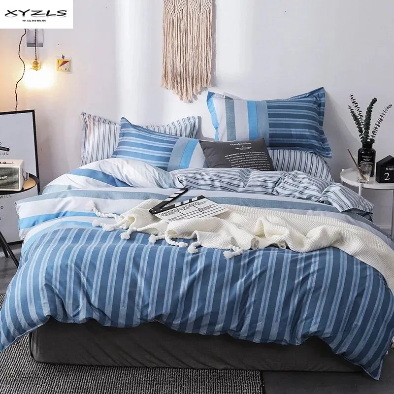 

XYZLS Home Textile Blue Striped Bedding Sets Polyester Bed Linen Duvet Cover Bed Sheet Pillowcases 2/3/4pcs Bed Set
