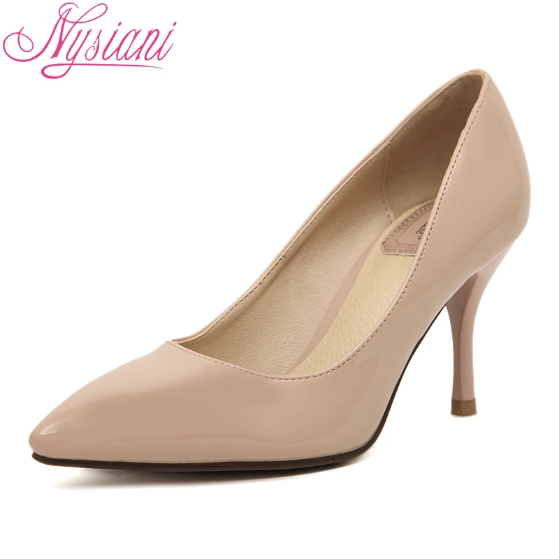  2016 Nude Fashion Pointed Toe Women Shoes High Heels Patent Leather Ladies Designer Sexy Stilettos Office Pumps Shoes Nysiani 