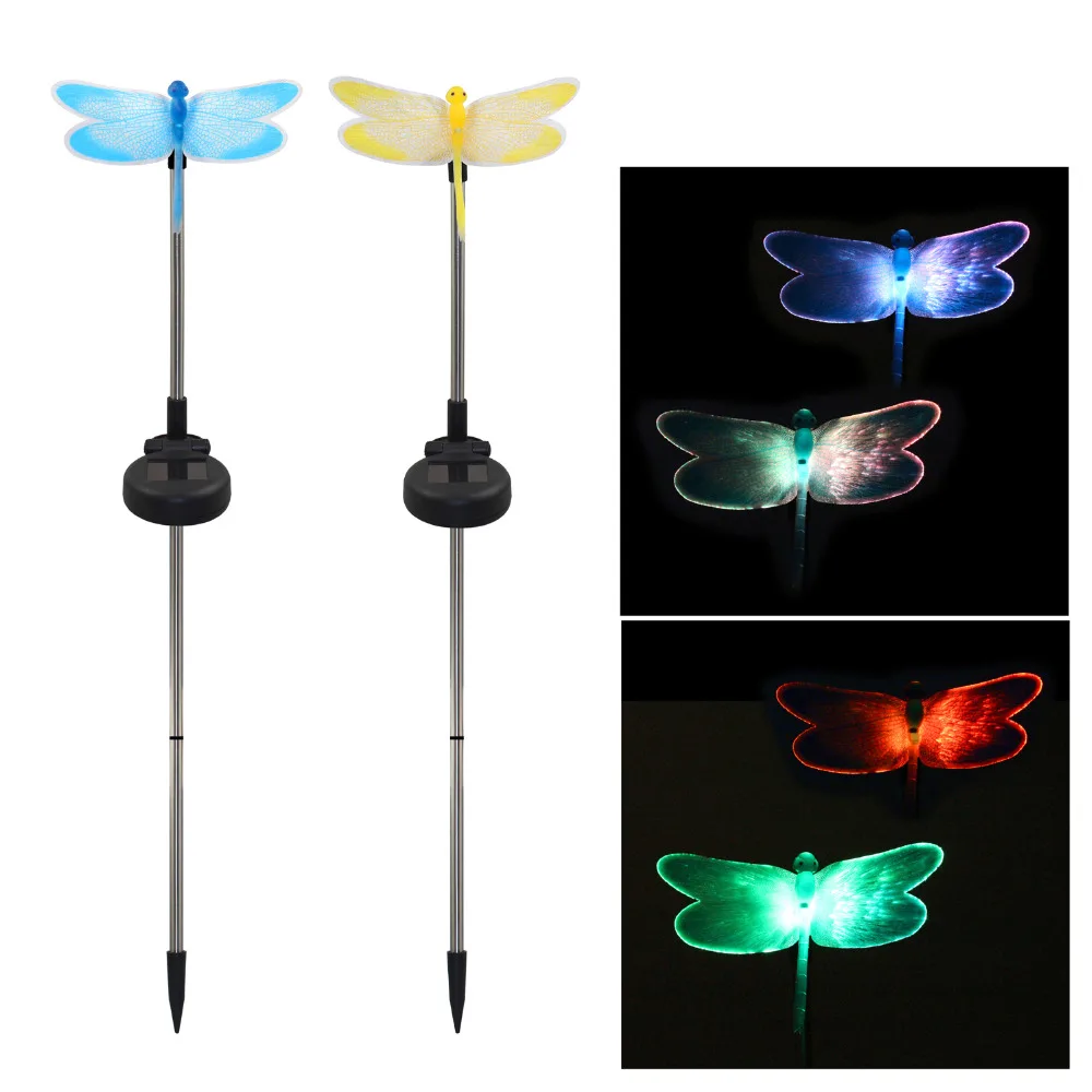 LED Solar Lamp Pack of 2 Solar Fiber Optic Color Changing Dragonfly Garden Stake Light outdoor