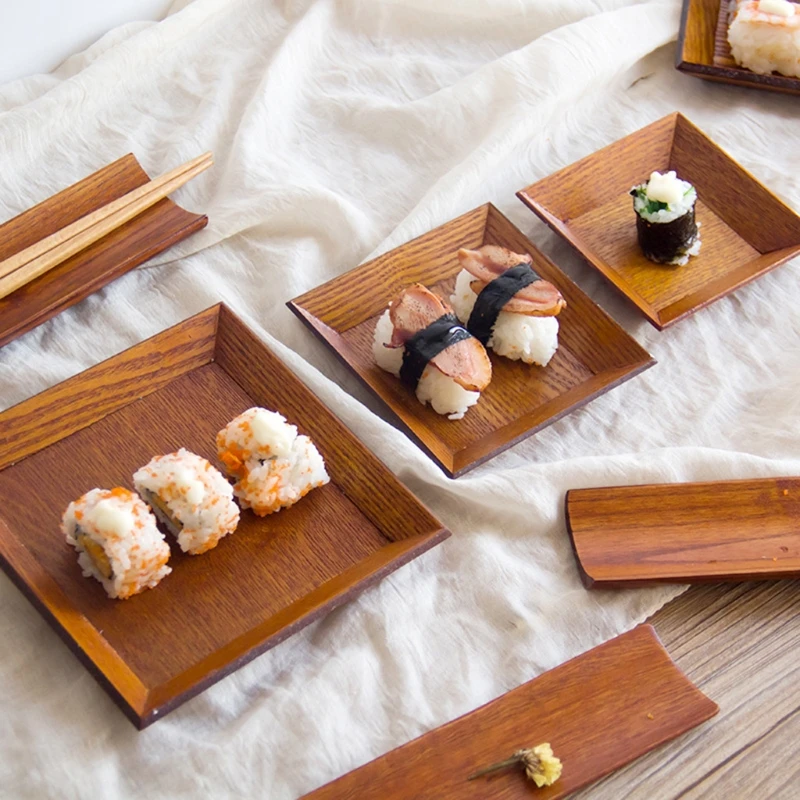 

Square Wooden Dish Plate Snack Dried Fruit Dessert Sushi Cake Tableware Home