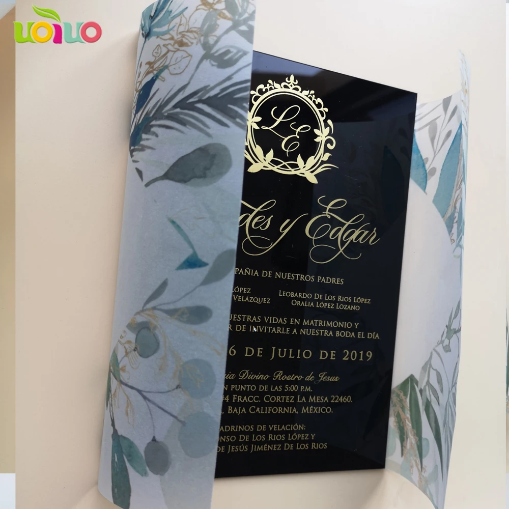 

hot sale free design 2019 hot sale custom personalized black acrylic card with metallic gold text,vellum paper wrapper