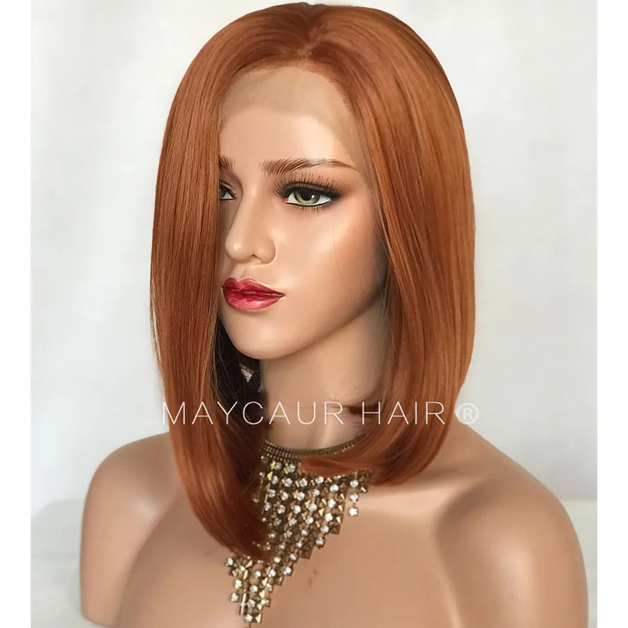 Maycaur Short Bob Synthetic Lace Front Wigs Natural Hairline Orange Color Glueless Straight Cut Bob Hair  for Women (3)