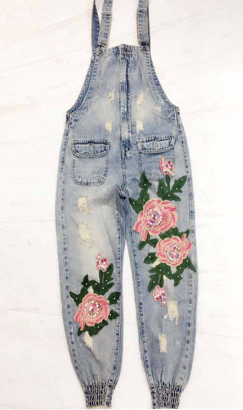 Весенне-осенний джинсовый комбинезон с вышитыми бусинами цветами и ...