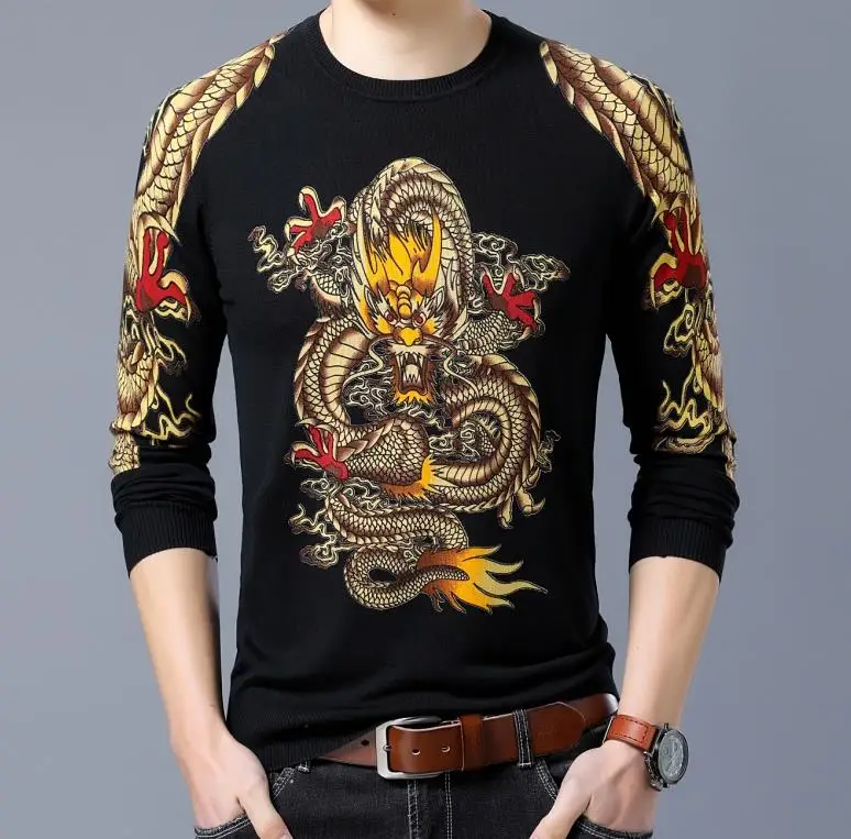 Мужская хлопковая футболка с длинными рукавами и принтом в китайском национальном стиле, мужская Тонкая трикотажная футболка с рисунком дракона