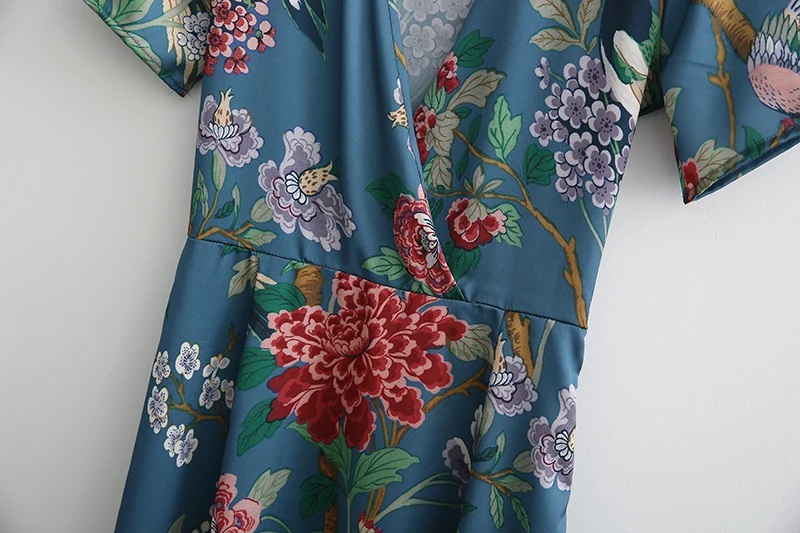 ShejoinSheenjoy Women Vintage Bird Floral Print Maxi Dress V neck Short Sleeve Side Zipper Retro Mid-Calf Casual Ladies Dresses (7)