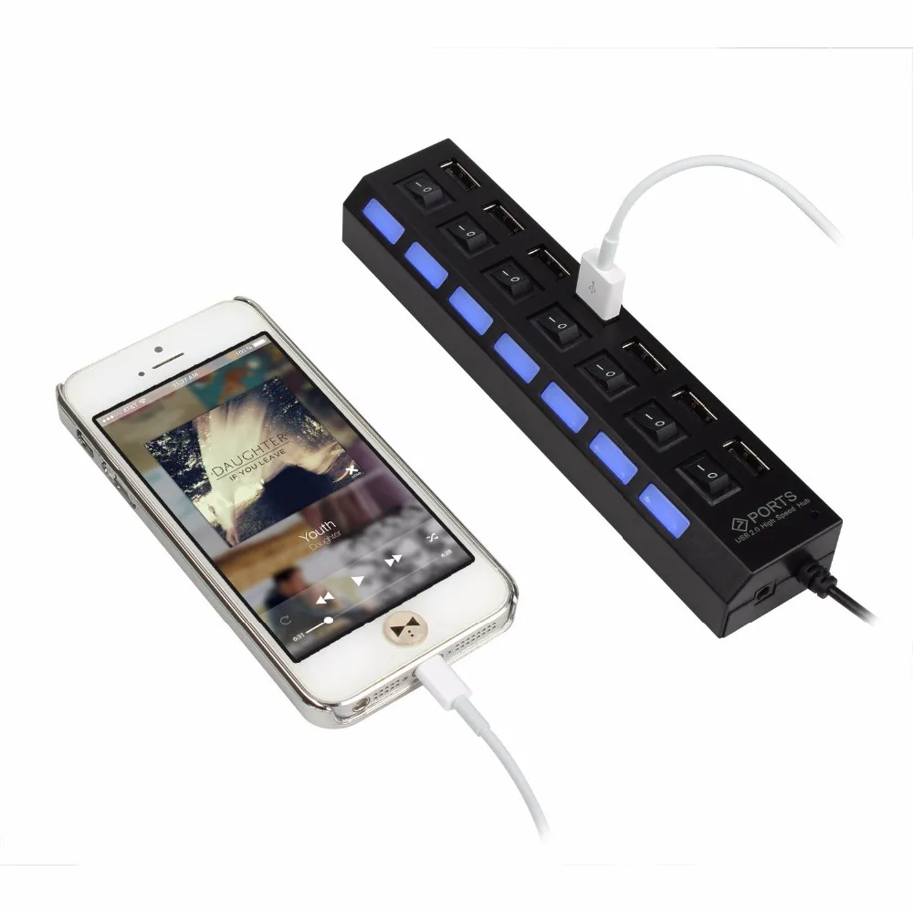 7-Port USB 2.0 Multi Charger Hub High Speed Adapter ON/OFF Switch Laptop/PC 3T 