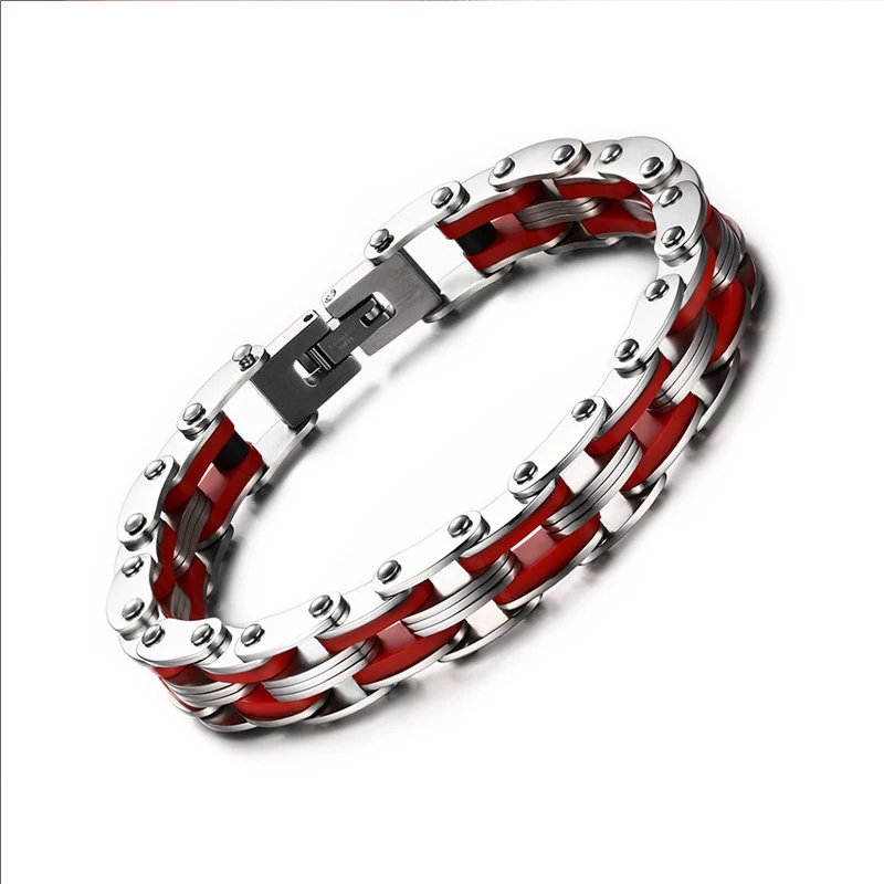 

New Brand Red Silicone Bracelet Biker Bicycle Chain Men Jewelry 316l Stainless Steel Chain Charm Bracelets Gift Aliexpress Sales