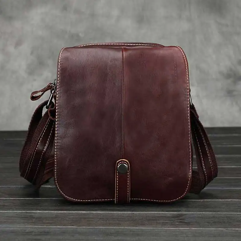 

New Men's Oil Wax Head Layer Cowskin Genuine Leather Men's Bag Multifunctional Bag Leisure Single Shoulder Slant Bag