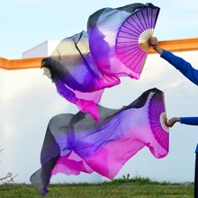 Высокая настоящие шелковые вуали 1 пара ручной работы женский качественный Шелковый Танец живота танцевальный веер танец черный фиолетовый розовый 180*90 см