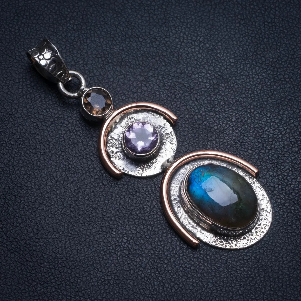 

Natural Two Tones Labradorite,Amethyst and Smoky Quartz Indian 925Sterling Silver Pendant 2" T1722