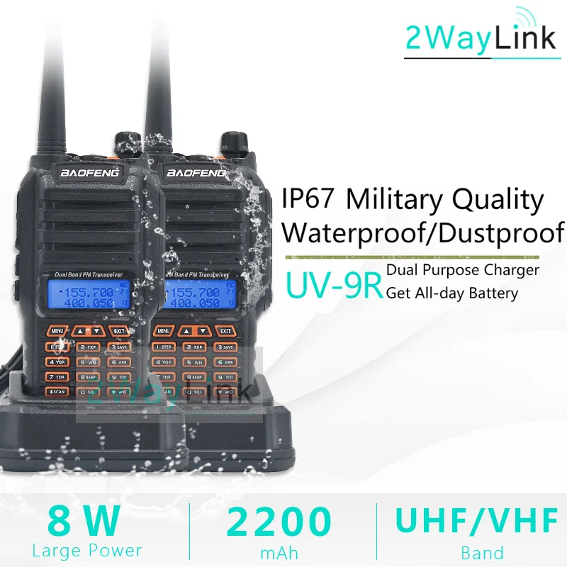 Обновление Baofeng UV-9R IP67 Водонепроницаемый УФ Двухдиапазонный 136-174/400-520MHz Ham Радио Baofeng 8 Вт рация 10 км UV-9R плюс UV-XR - Цвет: 2Radios