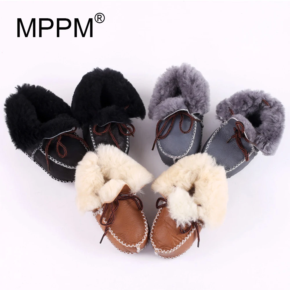 

FUR123 Winter Baby First Walkers Infants Warm Shoes Real Sheepskin Girls baby Booties Leather Boy Baby Boots