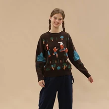 Новинка, Женский жаккардовый свитер с круглым вырезом и озорным игривым дизайном, пуловеры, коричневый вязаный джемпер, женский зимний винтажный свитер