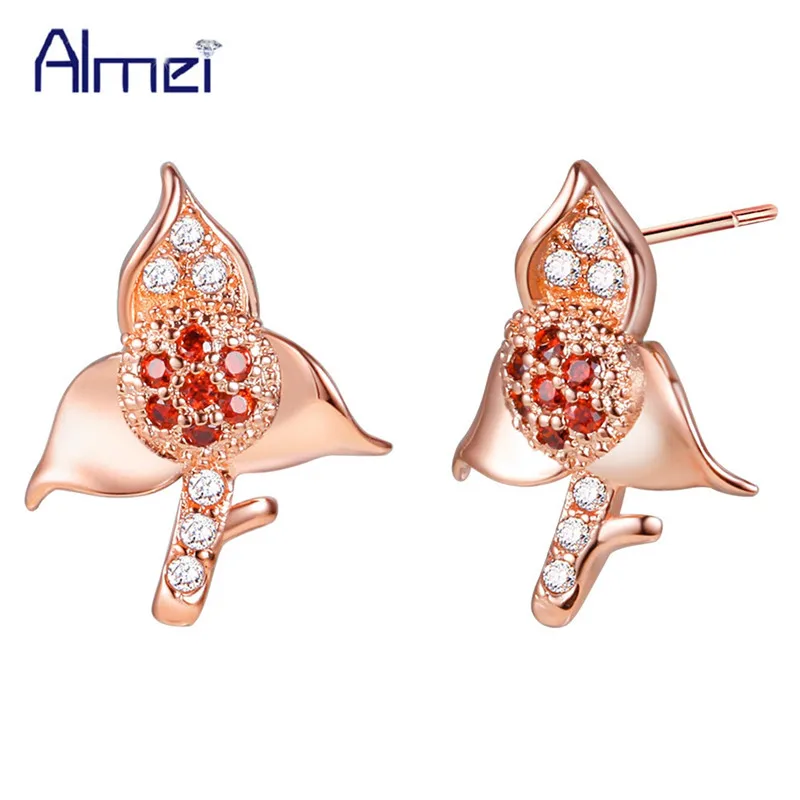 Женские серебряные серьги с камнями Almei винтажные в форме цветка розового золота