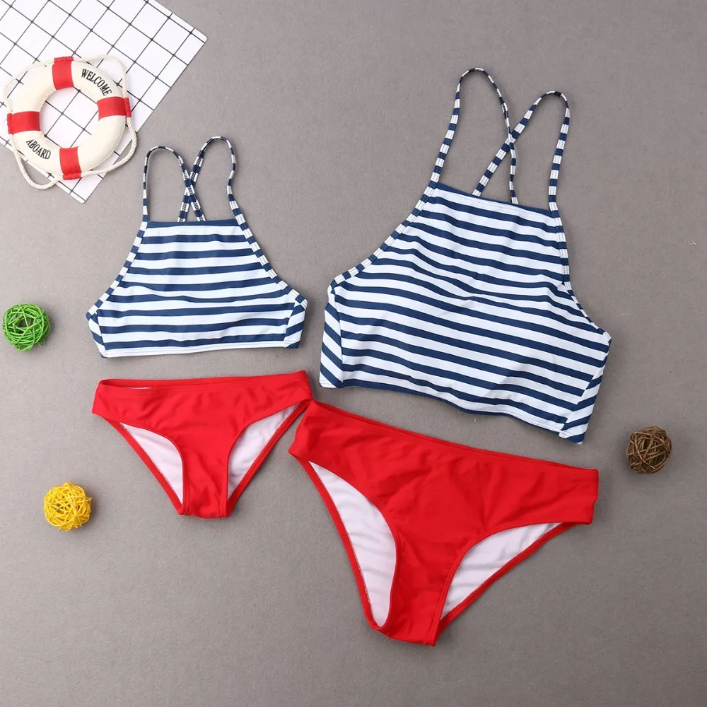 

Striped Mommy and Me Swimwear Mother and Daughter Swimsuits Family Matching Clothes Mom and Girls High Waist Bikini Look Dresses
