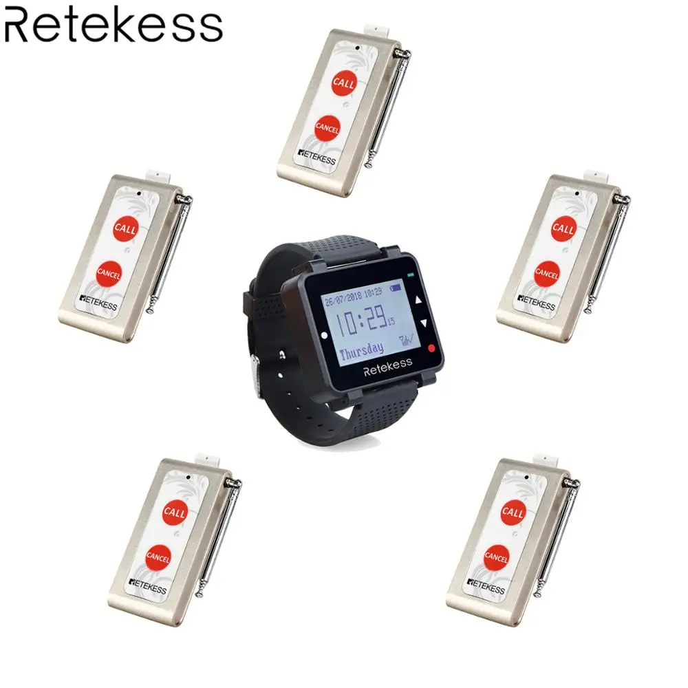 

Retekess 1 T128 Watch Receiver + 5pcs TD004 Two-Keys Call Button Wireless Calling System Wireless Pager Transmitter Restaurant