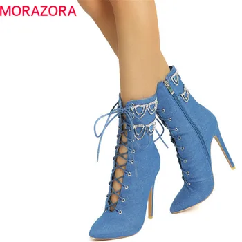 

MORAZORA 2019 top quality denim ankle boots for women pointed toe autumn boots lace up stiletto high heels boots prom shoes