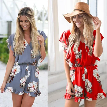 

Casual Women Playsuit For Summer 2019 Fashion Print V-Neck Shorts Jumpsuit Female Loose Ruffles Women Summer Clothing Jumpsuits