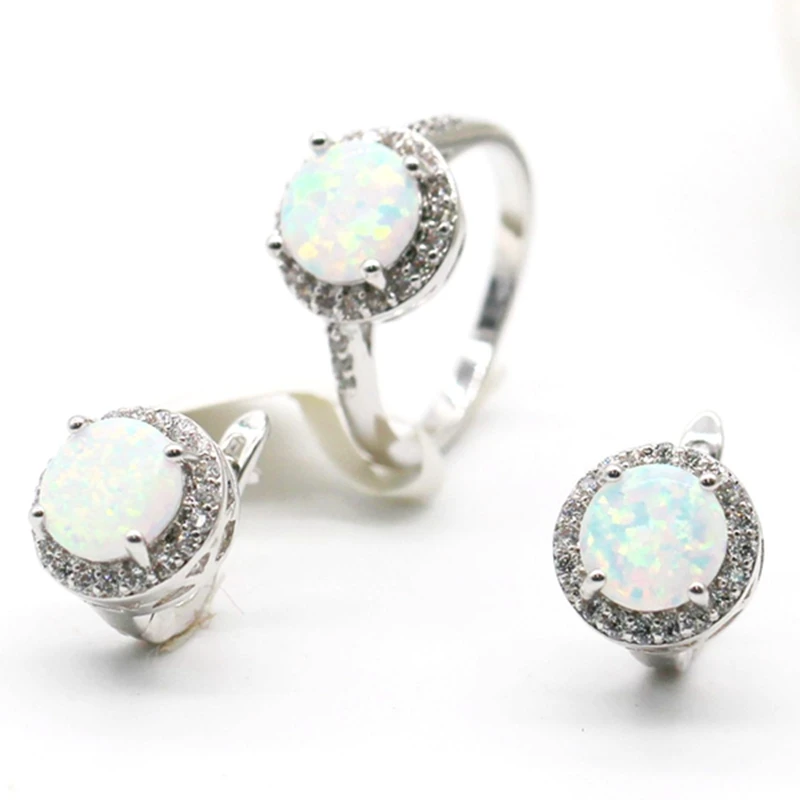 

New Fashion Women Jewelry Set White Fire Opal Zircon Ring Earrings Set For Women Wedding Accessories