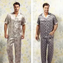 Mulberry silk sleep set lounge male summer short sleeve length pants print yr2223