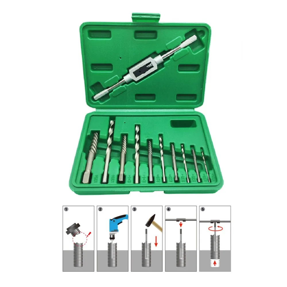 

Mainpoint High Hardness 11pcs/set Screw Extractor Remove broken screw Removing damaged screws With Holder Frame Tools 4MM-11MM