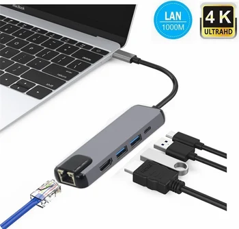 

5 in 1 USB Type C Hub Hdmi 4K USB C Hub to Gigabit Ethernet Rj45 Lan Adapter for Macbook Pro Thunderbolt 3 USB-C Charger Port