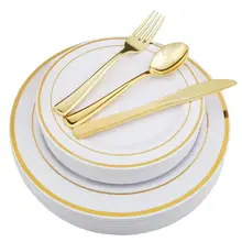 125 шт Золотые пластиковые столовые приборы и элегантные одноразовые пластиковые тарелки, обслуживание для 25 тяжелых пластиковых столовых приборов для свадьбы/вечерние