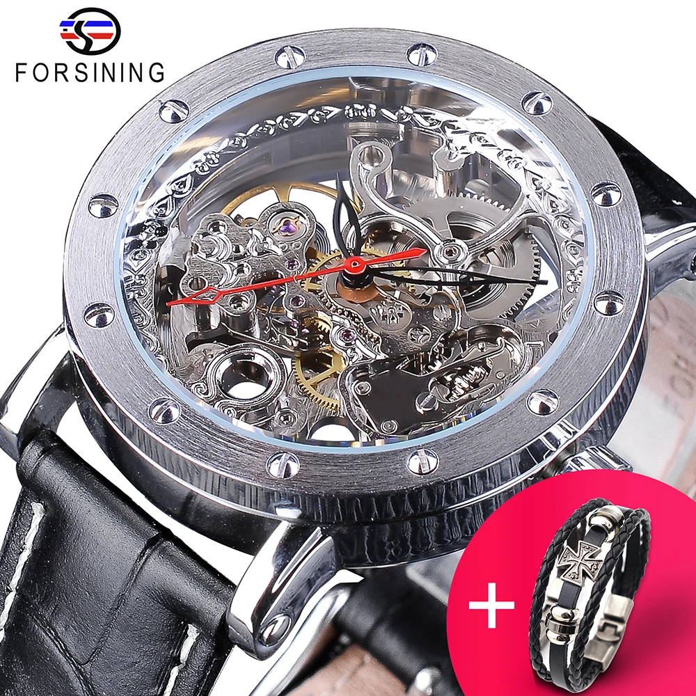 

Forsining Watch +Bracelet Set Combination Silver Skeleton Red Hand Black Genuine Leather Automatic Watches Men Transparent Clock